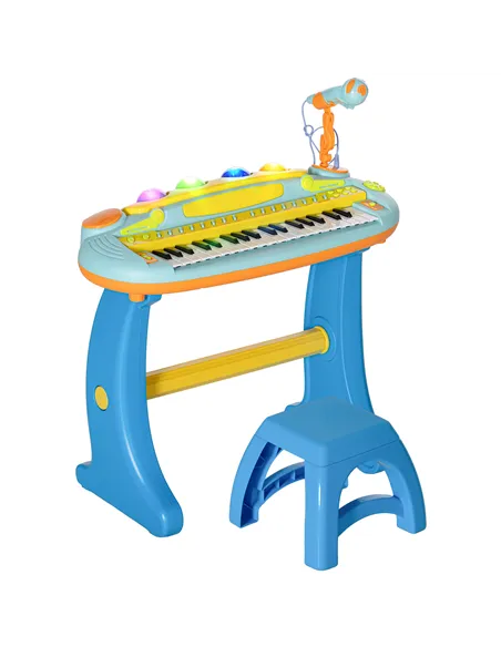 AIYAPLAY 37-Key Kids Piano w/ Microphone, Stool, LED Lights, Record & Replay, Function, Blue
