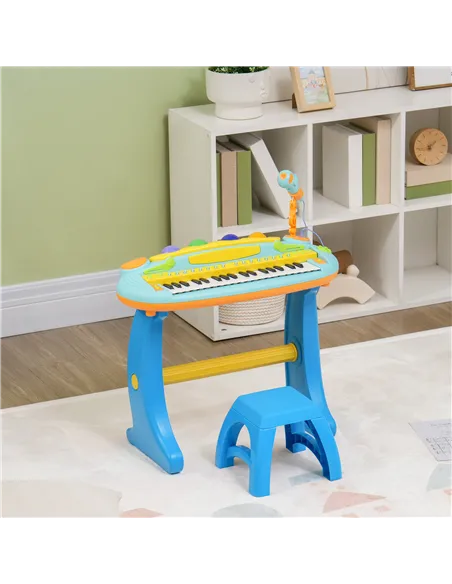 AIYAPLAY 37-Key Kids Piano w/ Microphone, Stool, LED Lights, Record & Replay, Function, Blue