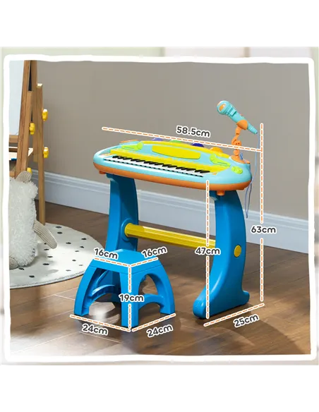 AIYAPLAY 37-Key Kids Piano w/ Microphone, Stool, LED Lights, Record & Replay, Function, Blue