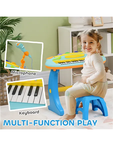 AIYAPLAY 37-Key Kids Piano w/ Microphone, Stool, LED Lights, Record & Replay, Function, Blue