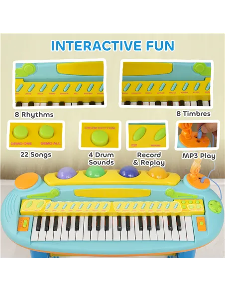 AIYAPLAY 37-Key Kids Piano w/ Microphone, Stool, LED Lights, Record & Replay, Function, Blue
