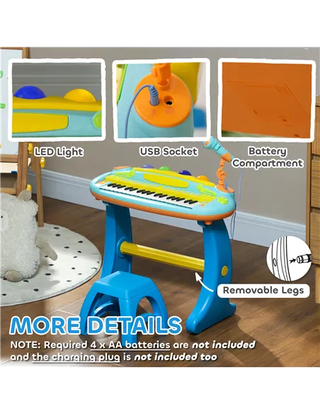 AIYAPLAY 37-Key Kids Piano w/ Microphone, Stool, LED Lights, Record & Replay, Function, Blue