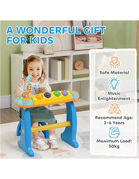 AIYAPLAY 37-Key Kids Piano w/ Microphone, Stool, LED Lights, Record & Replay, Function, Blue