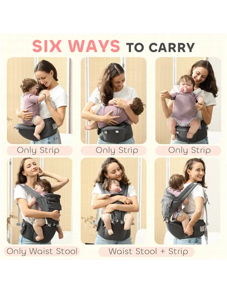AIYAPLAY 6-in-1 Baby Carrier for Newborns-Toddlers, with Removable Seat, for Ages 0-36 Months, Up to 15kg, Grey