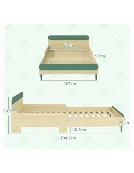 AIYAPLAY Toddler Bed with Safety Rail, for Ages 3-10 Years, 195 x 103 x 60.5cm, Green
