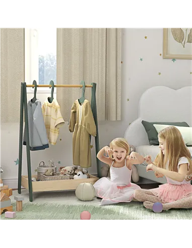AIYAPLAY Kids Clothes Rail with 3Hangers, Bottom Storage Shelf for Girls, Boys, Nursery, Bedroom, Green