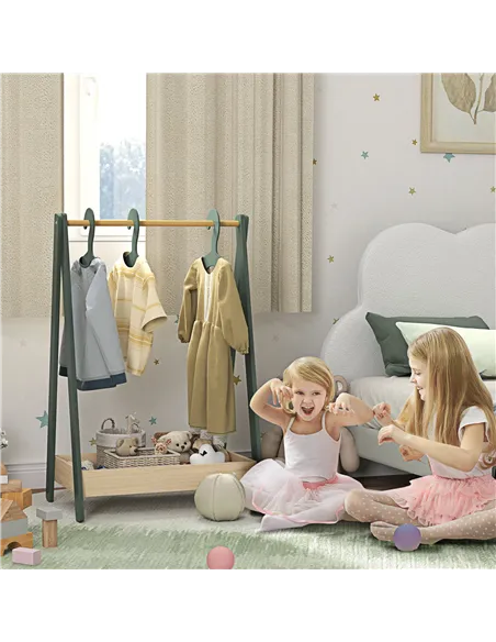 AIYAPLAY Kids Clothes Rail with 3Hangers, Bottom Storage Shelf for Girls, Boys, Nursery, Bedroom, Green