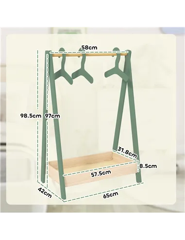AIYAPLAY Kids Clothes Rail with 3Hangers, Bottom Storage Shelf for Girls, Boys, Nursery, Bedroom, Green