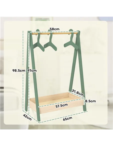 AIYAPLAY Kids Clothes Rail with 3Hangers, Bottom Storage Shelf for Girls, Boys, Nursery, Bedroom, Green