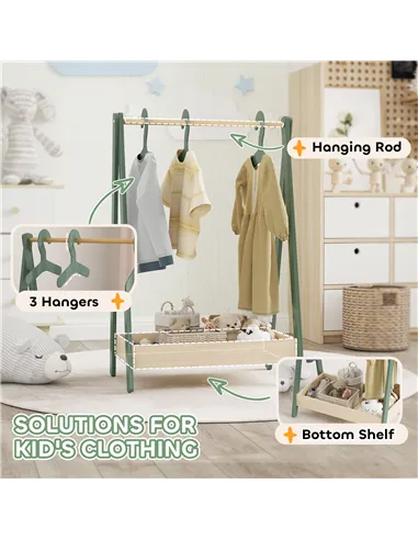 AIYAPLAY Kids Clothes Rail with 3Hangers, Bottom Storage Shelf for Girls, Boys, Nursery, Bedroom, Green