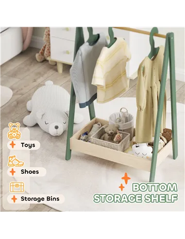 AIYAPLAY Kids Clothes Rail with 3Hangers, Bottom Storage Shelf for Girls, Boys, Nursery, Bedroom, Green