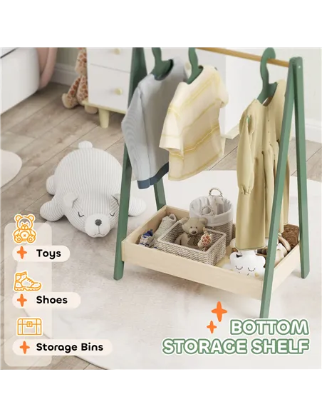 AIYAPLAY Kids Clothes Rail with 3Hangers, Bottom Storage Shelf for Girls, Boys, Nursery, Bedroom, Green