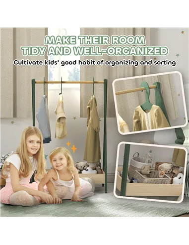 AIYAPLAY Kids Clothes Rail with 3Hangers, Bottom Storage Shelf for Girls, Boys, Nursery, Bedroom, Green