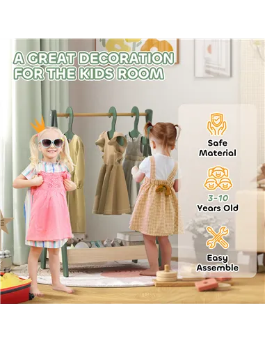 AIYAPLAY Kids Clothes Rail with 3Hangers, Bottom Storage Shelf for Girls, Boys, Nursery, Bedroom, Green