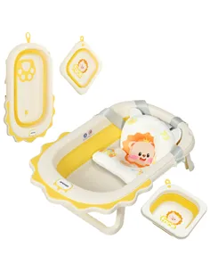 AIYAPLAY Foldable Baby Bath Tub Set with Bath Cushion, Wash Basin, Non-Slip Stand, Bottom, Yellow