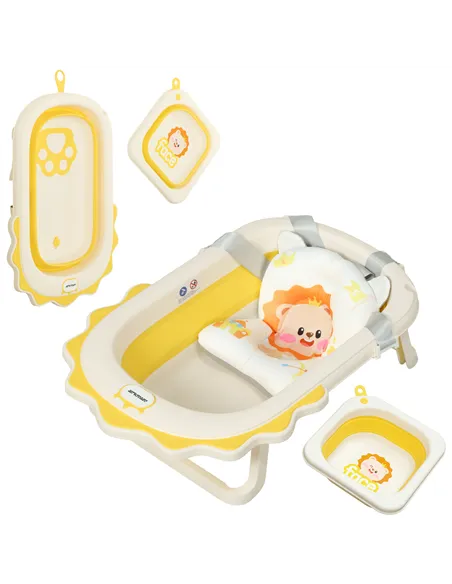 AIYAPLAY Foldable Baby Bath Tub Set with Bath Cushion, Wash Basin, Non-Slip Stand, Bottom, Yellow
