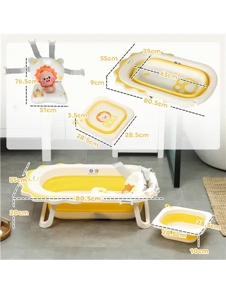 AIYAPLAY Foldable Baby Bath Tub Set with Bath Cushion, Wash Basin, Non-Slip Stand, Bottom, Yellow