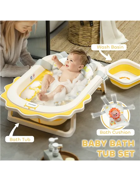 AIYAPLAY Foldable Baby Bath Tub Set with Bath Cushion, Wash Basin, Non-Slip Stand, Bottom, Yellow