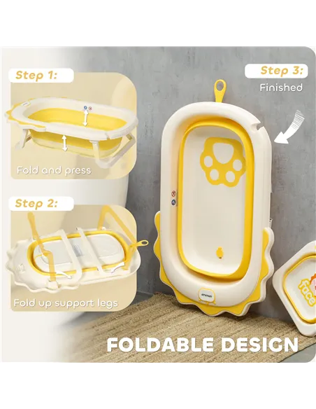 AIYAPLAY Foldable Baby Bath Tub Set with Bath Cushion, Wash Basin, Non-Slip Stand, Bottom, Yellow