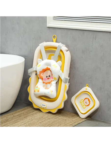 AIYAPLAY Foldable Baby Bath Tub Set with Bath Cushion, Wash Basin, Non-Slip Stand, Bottom, Yellow