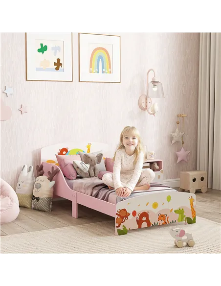 AIYAPLAY Cute Animal-Themed Toddler Bed, with Safety Rails, 143 x 77 x 60cm, Pink