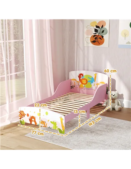 AIYAPLAY Cute Animal-Themed Toddler Bed, with Safety Rails, 143 x 77 x 60cm, Pink
