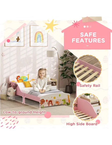 AIYAPLAY Cute Animal-Themed Toddler Bed, with Safety Rails, 143 x 77 x 60cm, Pink
