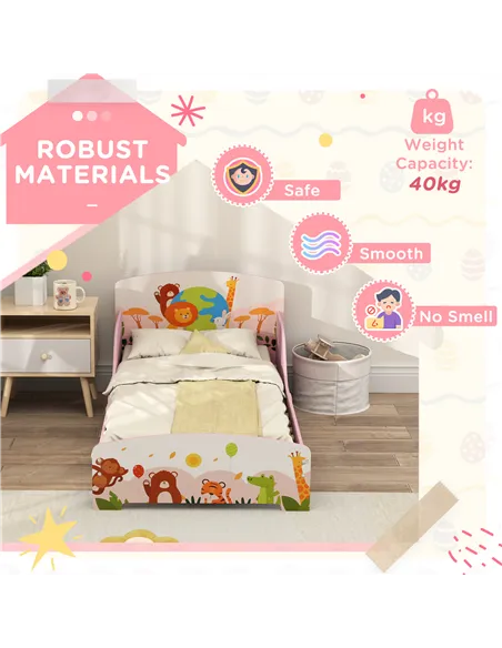 AIYAPLAY Cute Animal-Themed Toddler Bed, with Safety Rails, 143 x 77 x 60cm, Pink
