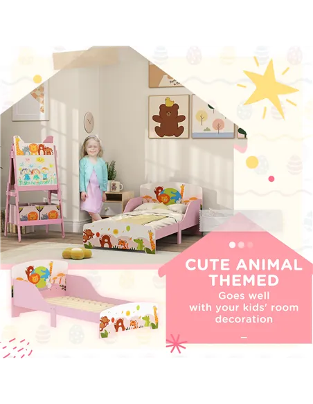 AIYAPLAY Cute Animal-Themed Toddler Bed, with Safety Rails, 143 x 77 x 60cm, Pink