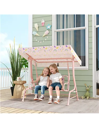 AIYAPLAY Kids Garden Swing Chair with Adjustable Canopy, Safety Belt, 2 Seater Hammock Swing Bench for Patio, Porch, Pink