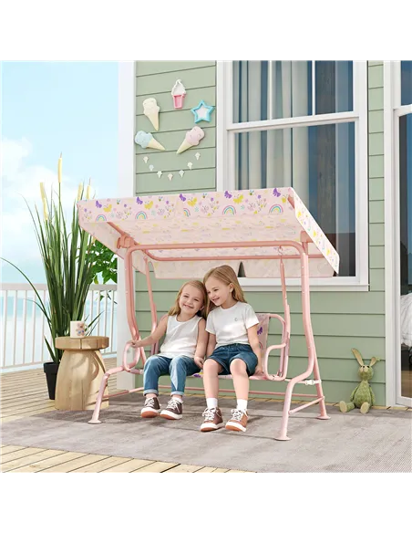 AIYAPLAY Kids Garden Swing Chair with Adjustable Canopy, Safety Belt, 2 Seater Hammock Swing Bench for Patio, Porch, Pink