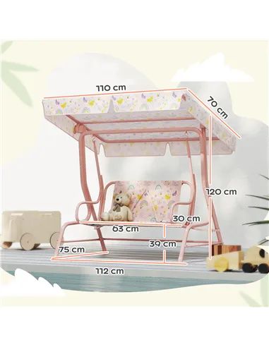 AIYAPLAY Kids Garden Swing Chair with Adjustable Canopy, Safety Belt, 2 Seater Hammock Swing Bench for Patio, Porch, Pink