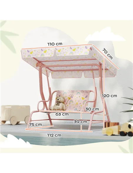 AIYAPLAY Kids Garden Swing Chair with Adjustable Canopy, Safety Belt, 2 Seater Hammock Swing Bench for Patio, Porch, Pink