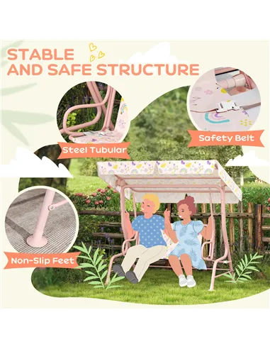 AIYAPLAY Kids Garden Swing Chair with Adjustable Canopy, Safety Belt, 2 Seater Hammock Swing Bench for Patio, Porch, Pink