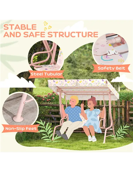 AIYAPLAY Kids Garden Swing Chair with Adjustable Canopy, Safety Belt, 2 Seater Hammock Swing Bench for Patio, Porch, Pink