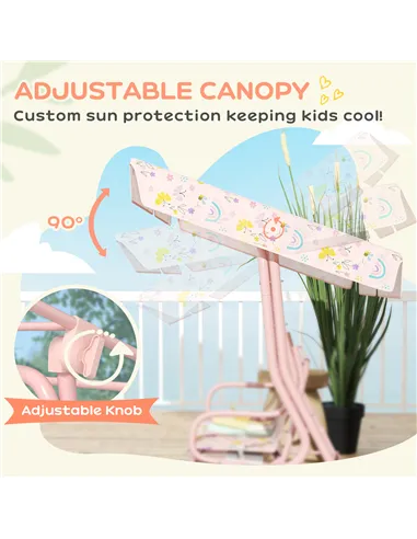 AIYAPLAY Kids Garden Swing Chair with Adjustable Canopy, Safety Belt, 2 Seater Hammock Swing Bench for Patio, Porch, Pink