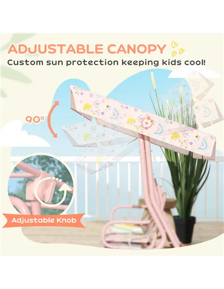 AIYAPLAY Kids Garden Swing Chair with Adjustable Canopy, Safety Belt, 2 Seater Hammock Swing Bench for Patio, Porch, Pink