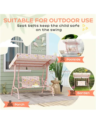 AIYAPLAY Kids Garden Swing Chair with Adjustable Canopy, Safety Belt, 2 Seater Hammock Swing Bench for Patio, Porch, Pink