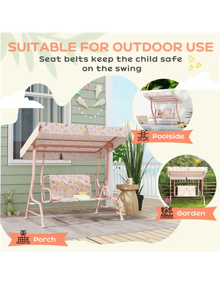 AIYAPLAY Kids Garden Swing Chair with Adjustable Canopy, Safety Belt, 2 Seater Hammock Swing Bench for Patio, Porch, Pink