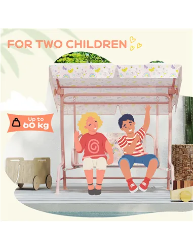 AIYAPLAY Kids Garden Swing Chair with Adjustable Canopy, Safety Belt, 2 Seater Hammock Swing Bench for Patio, Porch, Pink