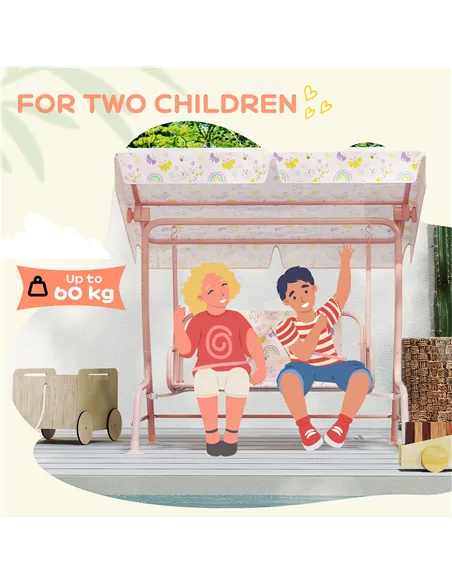 AIYAPLAY Kids Garden Swing Chair with Adjustable Canopy, Safety Belt, 2 Seater Hammock Swing Bench for Patio, Porch, Pink