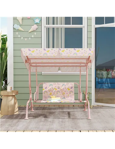 AIYAPLAY Kids Garden Swing Chair with Adjustable Canopy, Safety Belt, 2 Seater Hammock Swing Bench for Patio, Porch, Pink