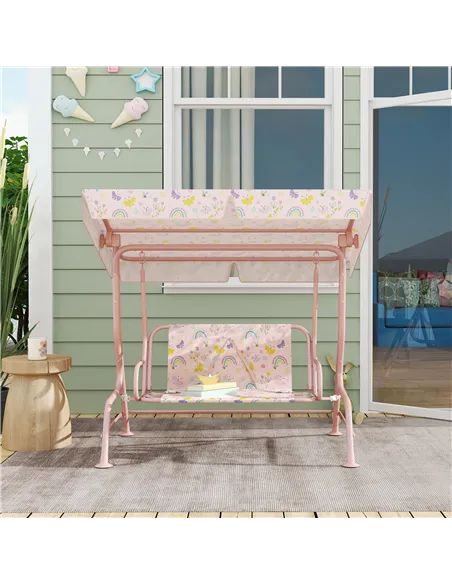 AIYAPLAY Kids Garden Swing Chair with Adjustable Canopy, Safety Belt, 2 Seater Hammock Swing Bench for Patio, Porch, Pink