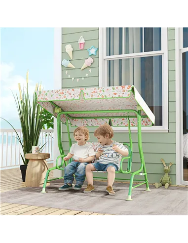 AIYAPLAY Kids Garden Swing Chair with Adjustable Canopy, Safety Belt, 2 Seater Hammock Swing Bench for Patio, Porch, Green