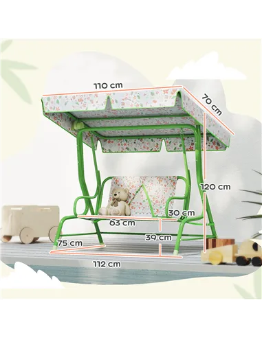 AIYAPLAY Kids Garden Swing Chair with Adjustable Canopy, Safety Belt, 2 Seater Hammock Swing Bench for Patio, Porch, Green