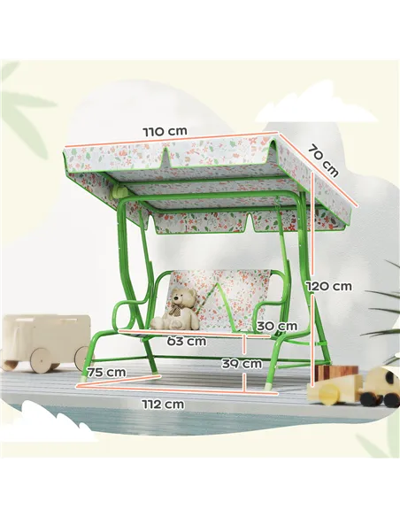 AIYAPLAY Kids Garden Swing Chair with Adjustable Canopy, Safety Belt, 2 Seater Hammock Swing Bench for Patio, Porch, Green