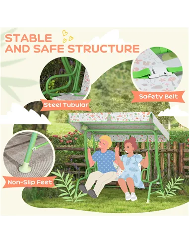 AIYAPLAY Kids Garden Swing Chair with Adjustable Canopy, Safety Belt, 2 Seater Hammock Swing Bench for Patio, Porch, Green