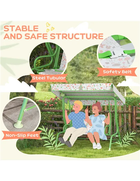 AIYAPLAY Kids Garden Swing Chair with Adjustable Canopy, Safety Belt, 2 Seater Hammock Swing Bench for Patio, Porch, Green