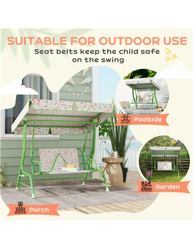 AIYAPLAY Kids Garden Swing Chair with Adjustable Canopy, Safety Belt, 2 Seater Hammock Swing Bench for Patio, Porch, Green