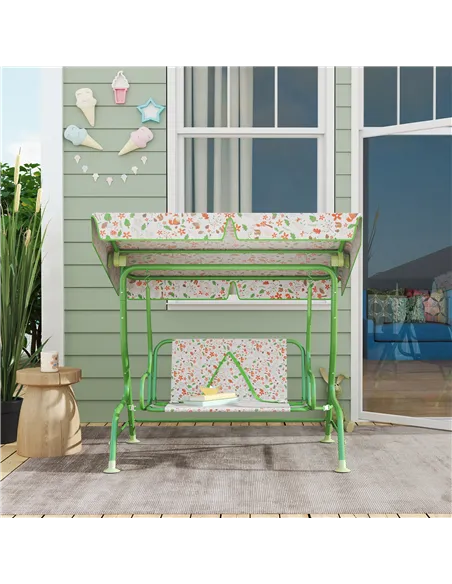 AIYAPLAY Kids Garden Swing Chair with Adjustable Canopy, Safety Belt, 2 Seater Hammock Swing Bench for Patio, Porch, Green